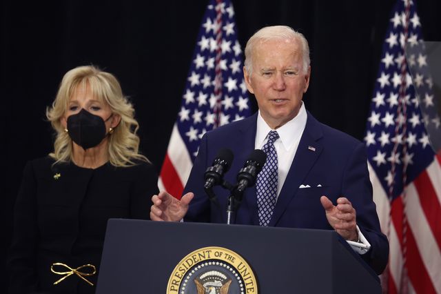 With his wife Jill by his side, U.S. President Joe Biden delivers remarks to guests, most of whom lost a family member in the Tops market shooting, at the Delavan Grider Community Center on May 17th, 2022 in Buffalo.